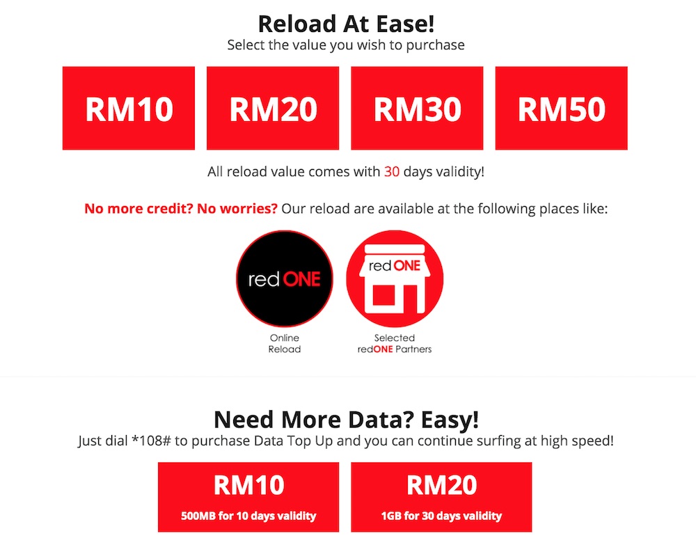 redONE Prepaid Reload and Data Plans