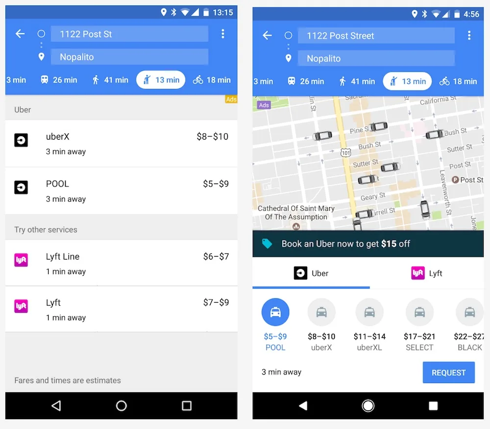 Google Maps Book an Uber