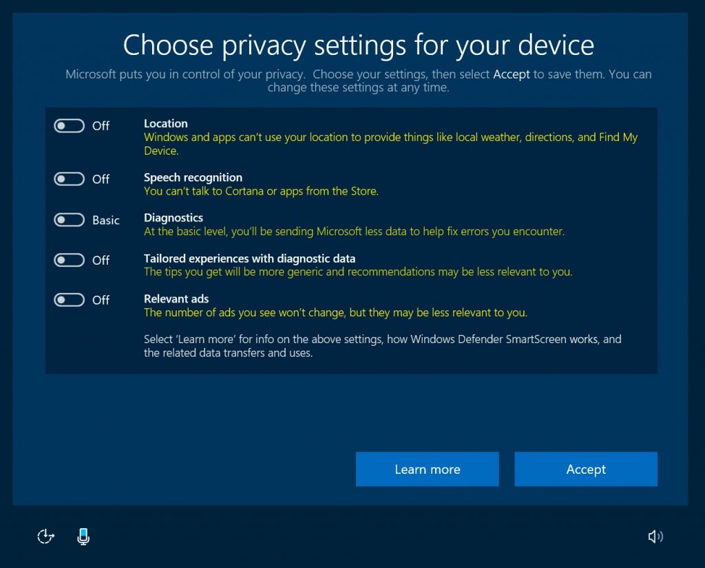 Windows 10 New Privacy Settings Off