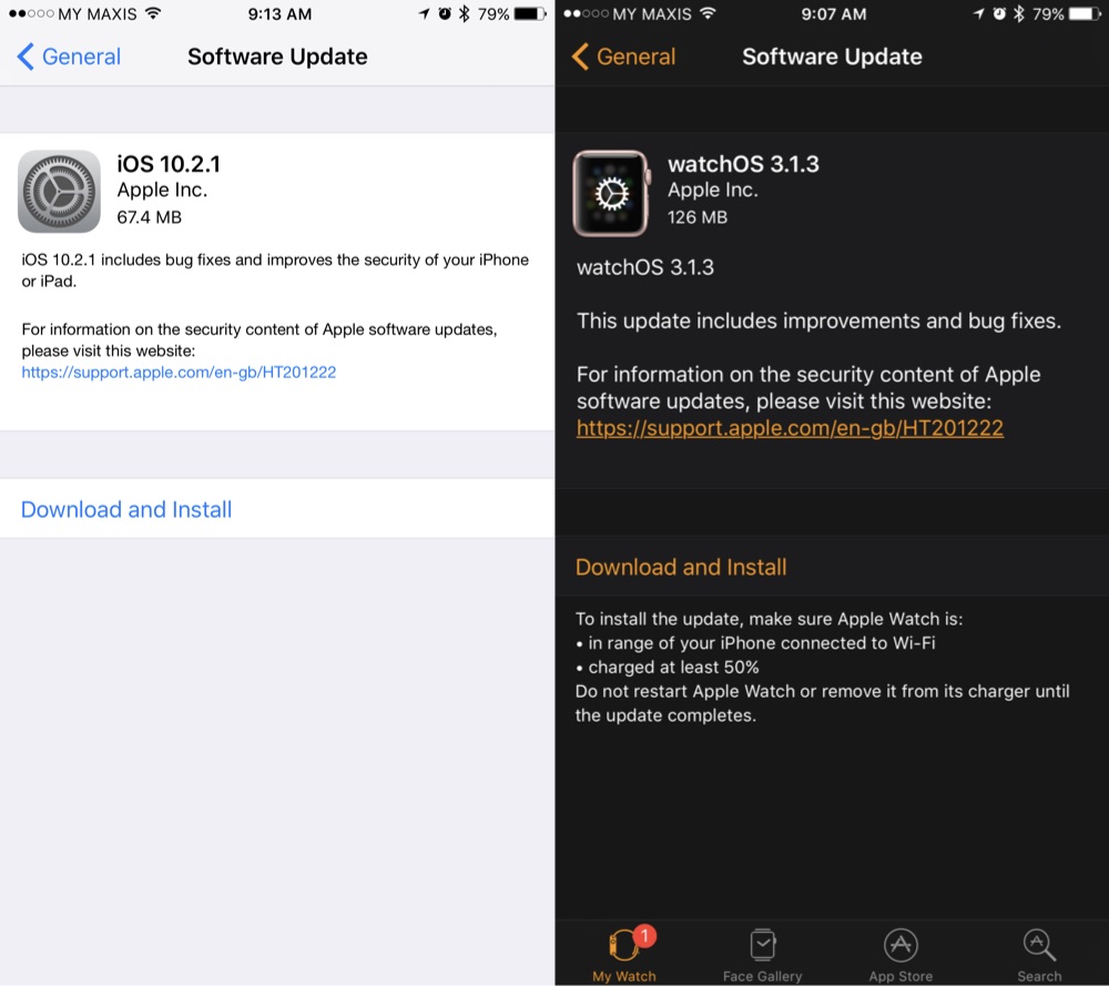 iOS 10.2.1 and watchOS 3.1.3 Update