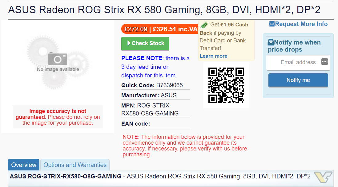 Asus RX 580 listing