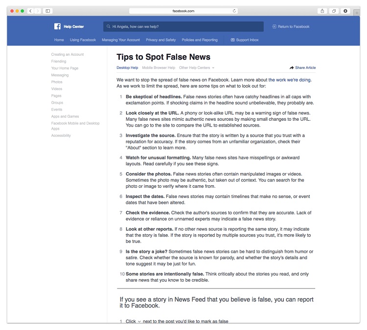 Facebook Tips On False News