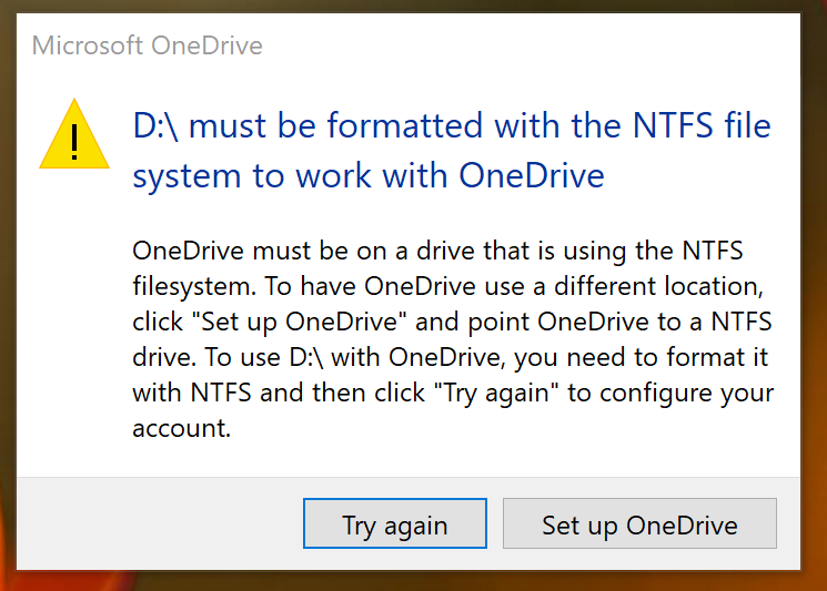 OneDrive NTFS Warning 2017