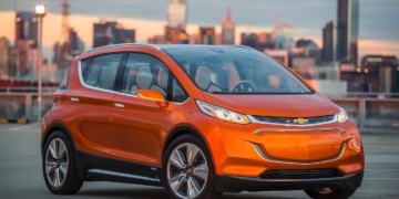 2015 Chevrolet Bolt EV Concept all electric vehicle. Front ¾ in city scape. Bolt EV Concept builds upon Chevy’s experience gained from both the Volt and Spark EV to make an affordable, long-range all-electric vehicle to market. The Bolt EV is designed to meet the daily driving needs of Chevrolet customers around the globe with more than 200 miles of range and a price tag around $30,000.