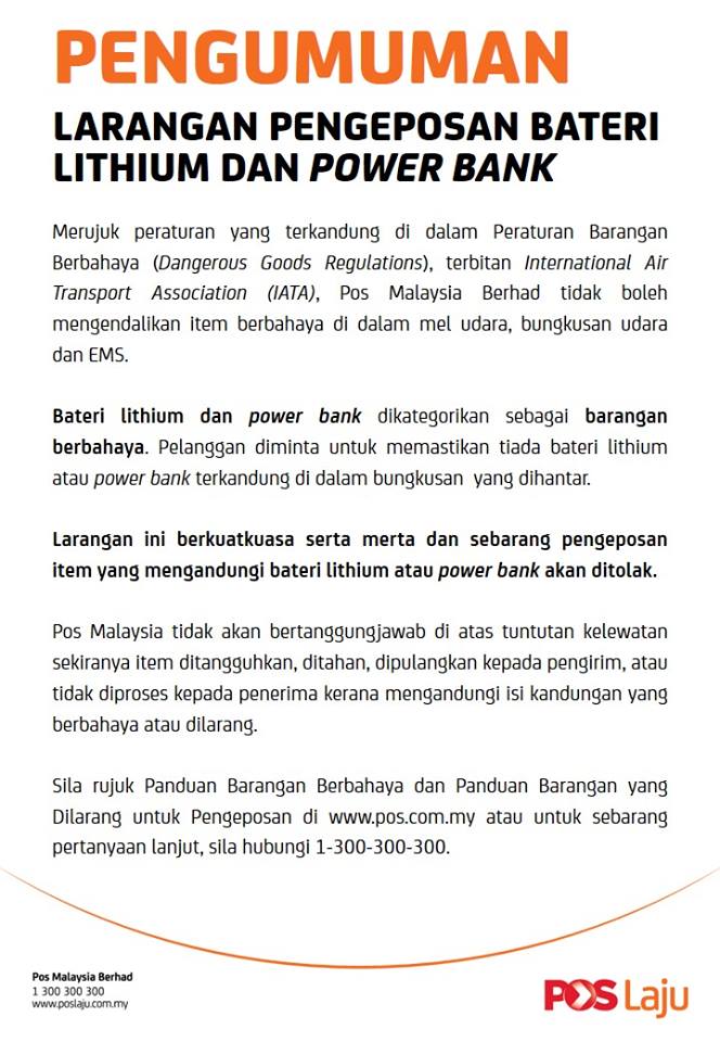 Pos Malaysia Power Bank Ban