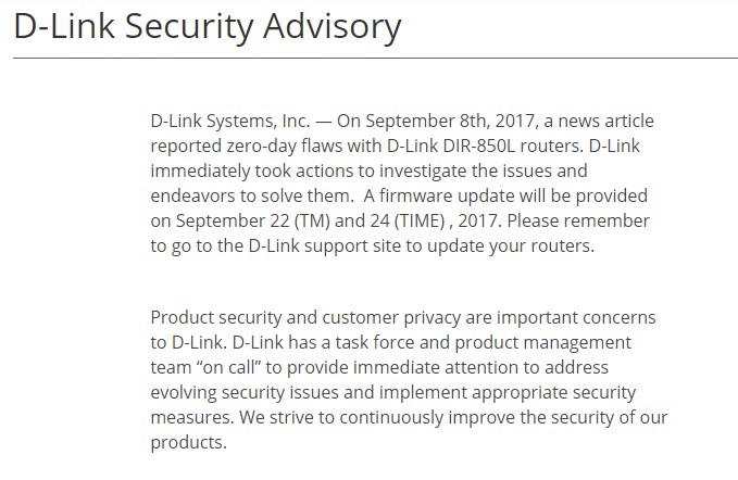 D-Link DIR-850L Security Advisory for Malaysia - 19 September