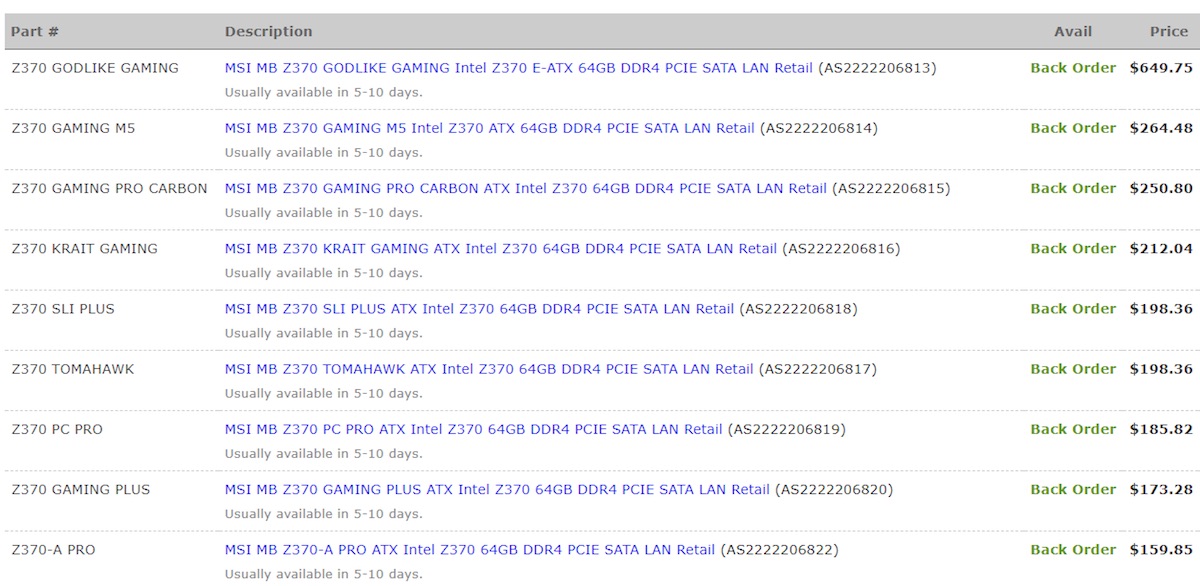 MSI Z370 Motherboard price list