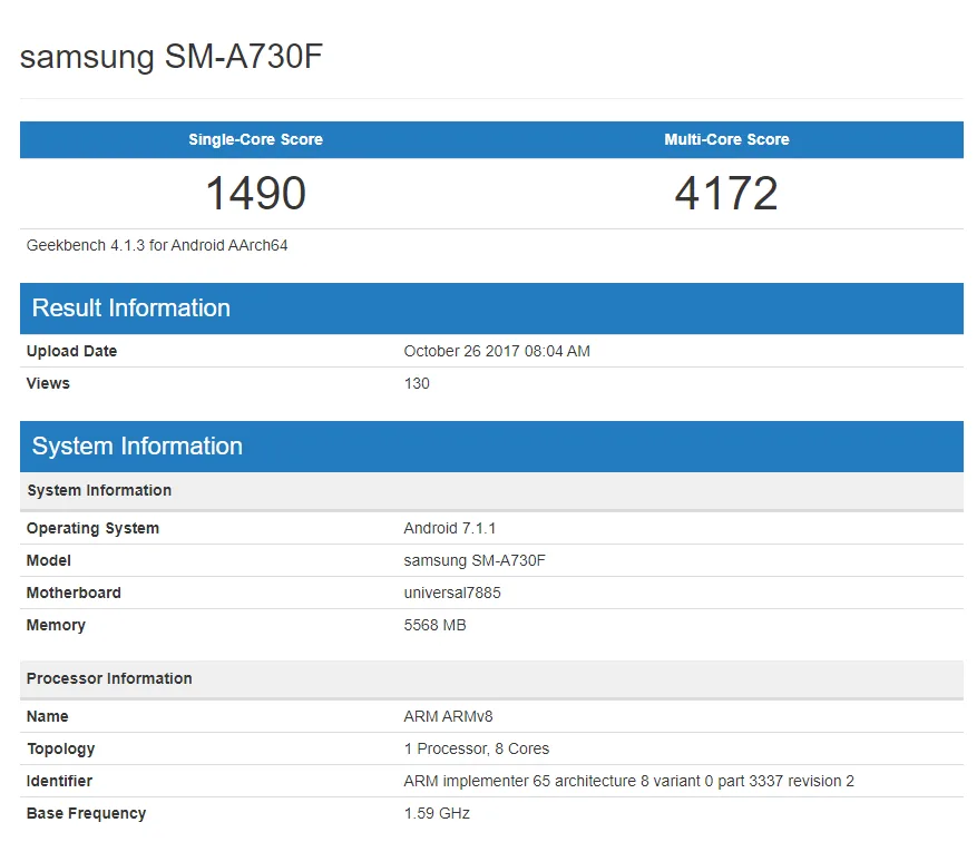 The Samsung Galaxy A7 (2018) listing at Geekbench