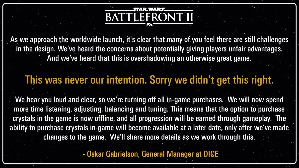DICE Star Wars Battlefront 2 Apology