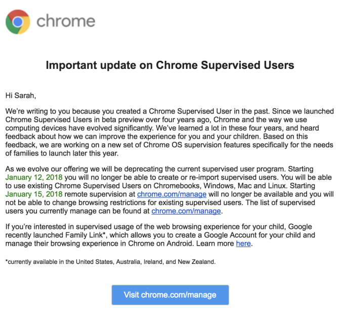 Chrome Supervised User removal notice