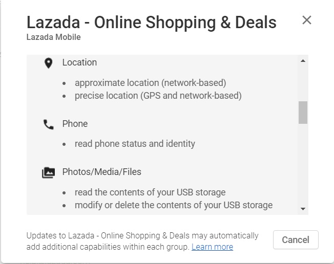 Lazada Android App Permissions