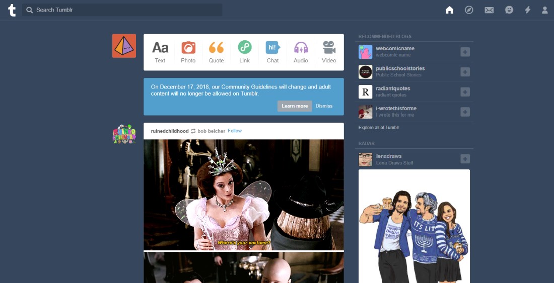 The notice of the ban on adult contents already appeared on Tumblr's dashboard.
