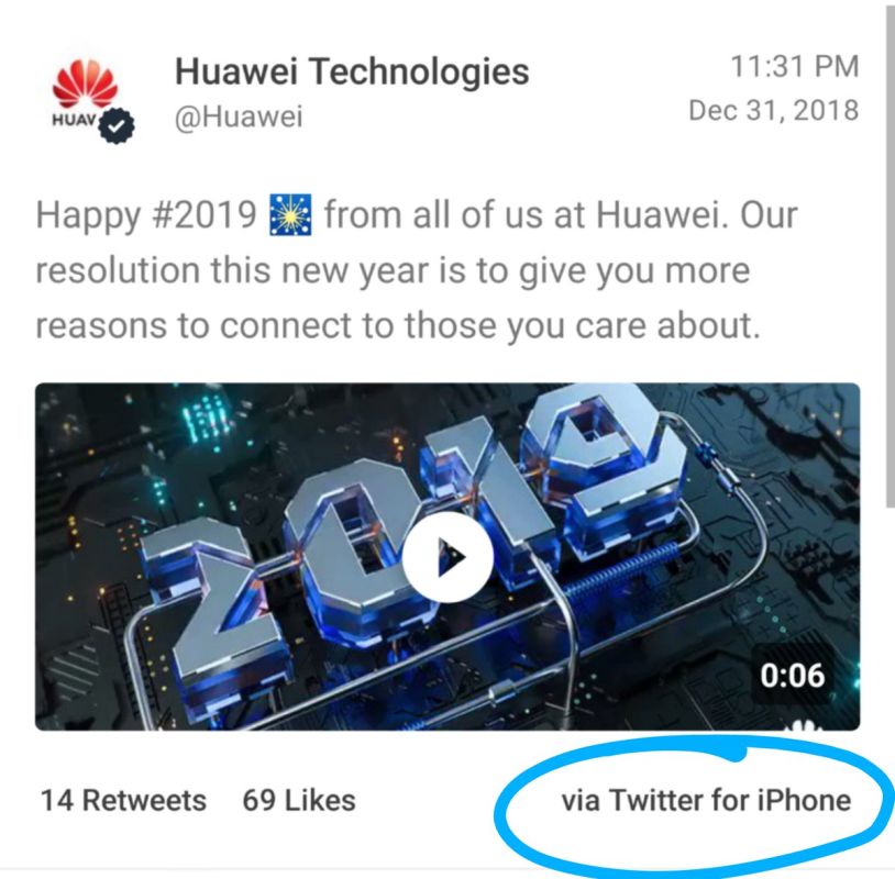 Huawei twitter new year via iphone