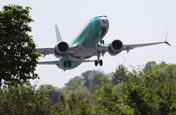 A Boeing 737 MAX 8 jetliner being built for Turkish Airlines takes off on a test flight, Wednesday, May 8, 2019, in Renton, Wash. Passenger flights using the plane remain grounded worldwide as investigations into two fatal crashes involving the airplane continue. (AP Photo/Ted S. Warren)