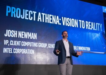 Josh Newman, Intel vice president and general manager of PC Innovation Segments in the Client Computing Group, shares details of Project Athena to 500 members of the PC ecosystem at the Project Athena Symposium and Workshop on May 8, 2019, in Taiwan. (Credit: Intel Corporation)