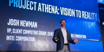 Josh Newman, Intel vice president and general manager of PC Innovation Segments in the Client Computing Group, shares details of Project Athena to 500 members of the PC ecosystem at the Project Athena Symposium and Workshop on May 8, 2019, in Taiwan. (Credit: Intel Corporation)