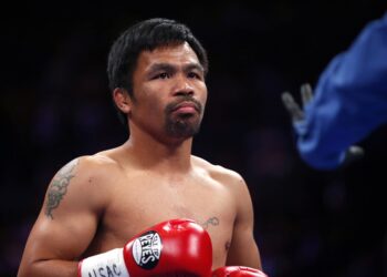 LAS VEGAS, NEVADA - JULY 20:  Manny Pacquiao gets ready for the start of his WBA welterweight title fight against Keith Thurman at MGM Grand Garden Arena on July 20, 2019 in Las Vegas, Nevada.  (Photo by Steve Marcus/Getty Images)