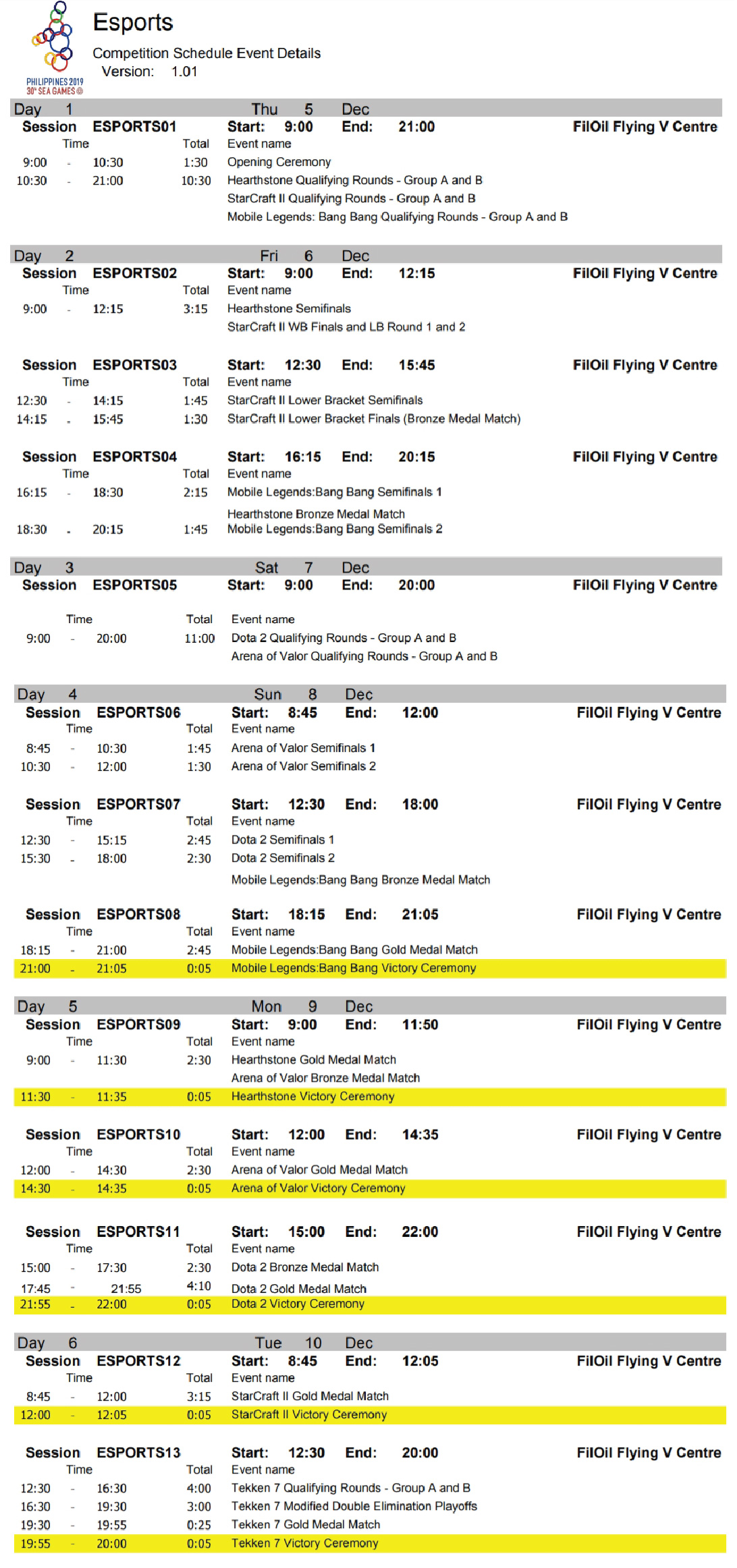 2019 sea games esports schedule full 01 01 01