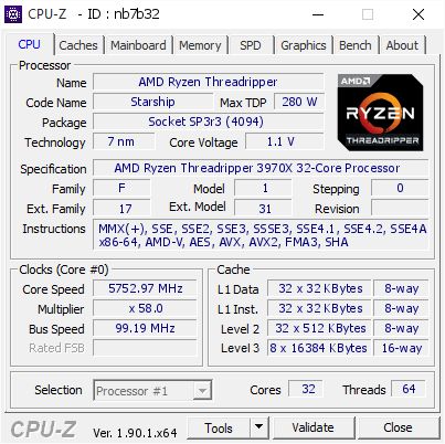 AMD Ryzen Threadripper 3970X CPU Z OC 5.75GHz