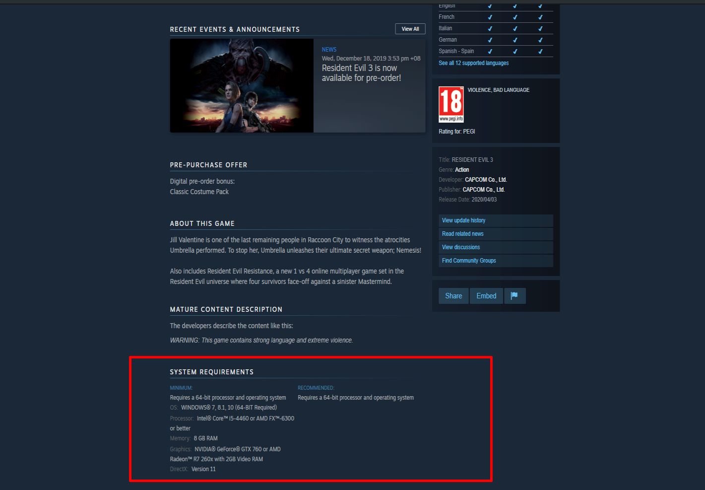 Resident Evil 3 System requirements Steam PC