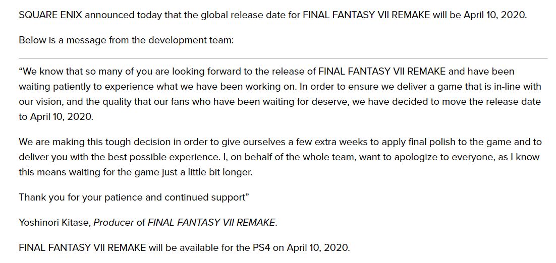FFVII Remake Delay April 2020