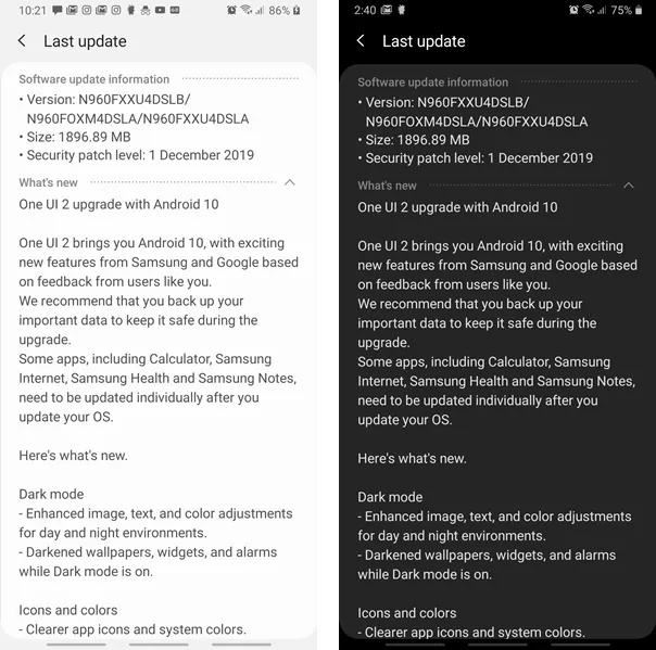 Samsung Galaxy Note 9 Android 10 One UI 2