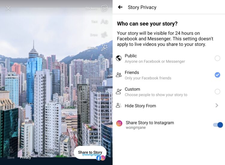 Facebook Instagram stories cross-post