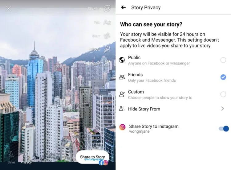 Facebook Instagram stories cross-post
