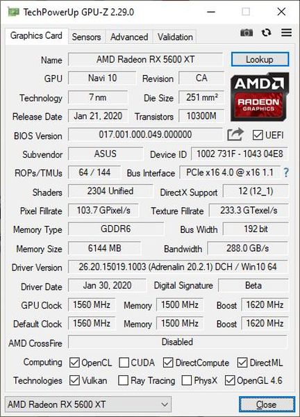 GPU Z ASUS ROG Strix RX 5600 XT 600