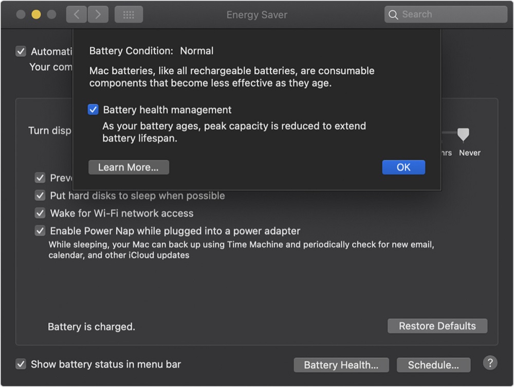 Apple MacOS battery health management