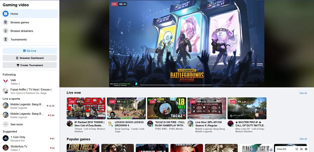 Facebook Gaming page