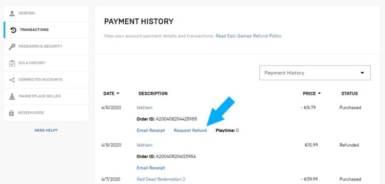 Epic Games Store refund