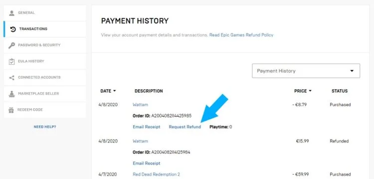 Epic Games Store refund