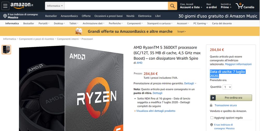 AMD Ryzen 5 3600XT amazon italy