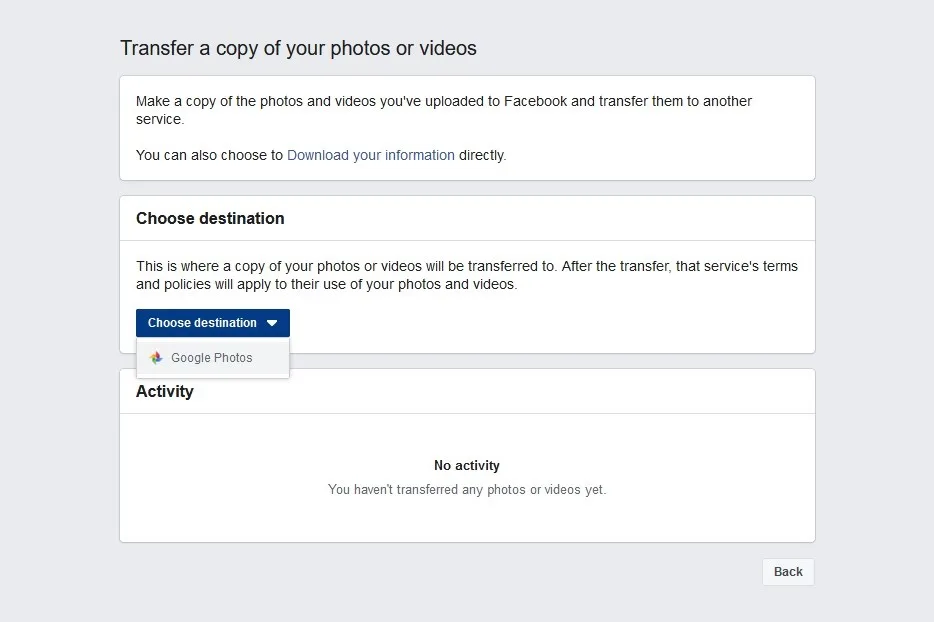 Facebook transfer to Google Photos