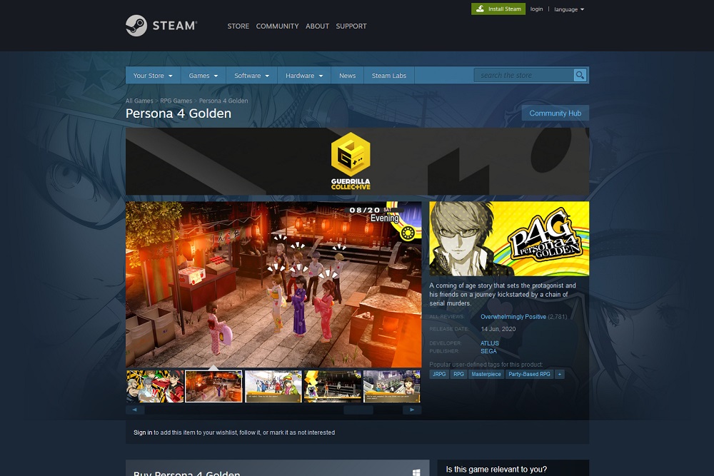 Persona 4 Golden Steam page