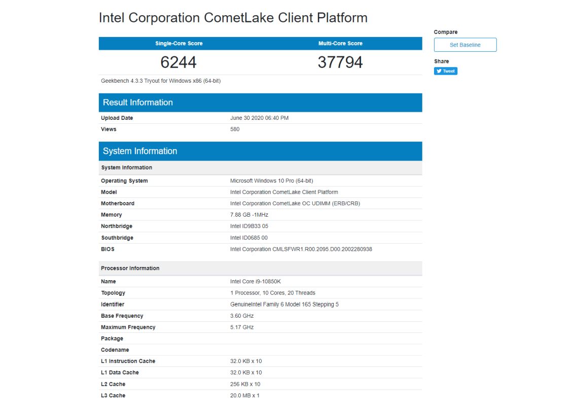 Intel Core i9 10850k geekbench