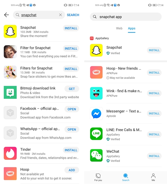 Snapchat AppGallery vs Petal Search
