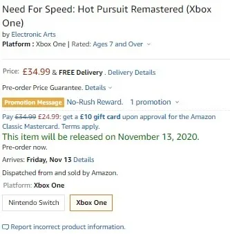 Need for Speed Hot Pursuit remaster amazon uk