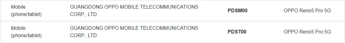 OPPO Reno5 Pro 5G TENAA