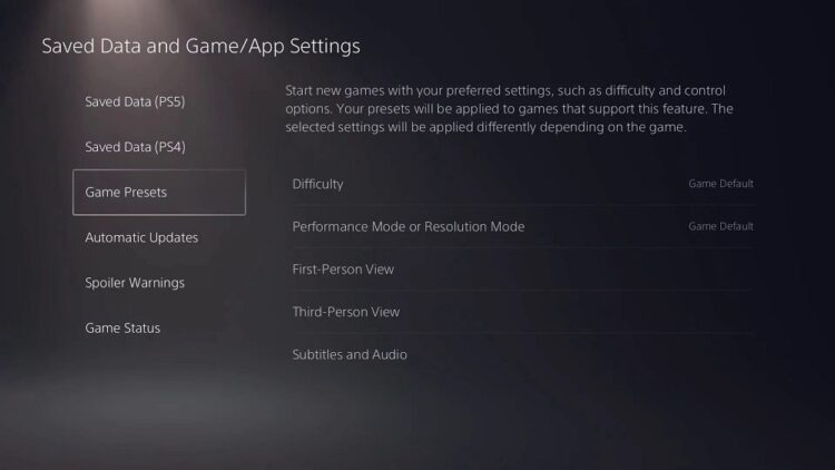 PS5 preset options