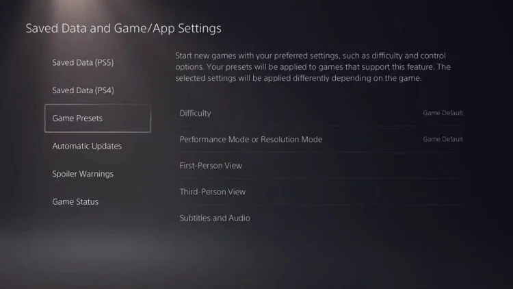 PS5 preset options