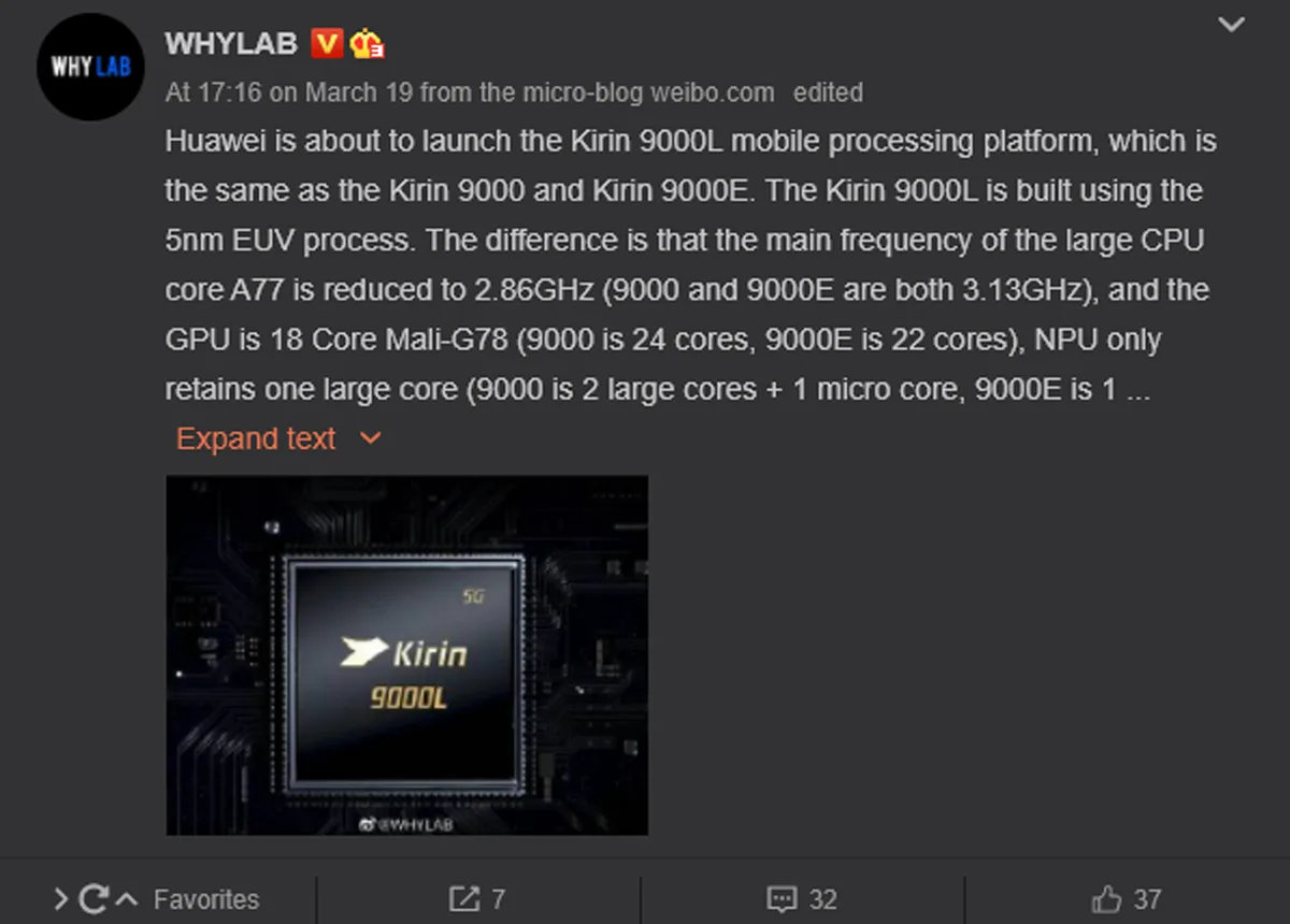 Huawei Samsung Kirin 9000L chipset P50 series