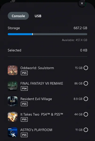 PlayStation App ps5 storage