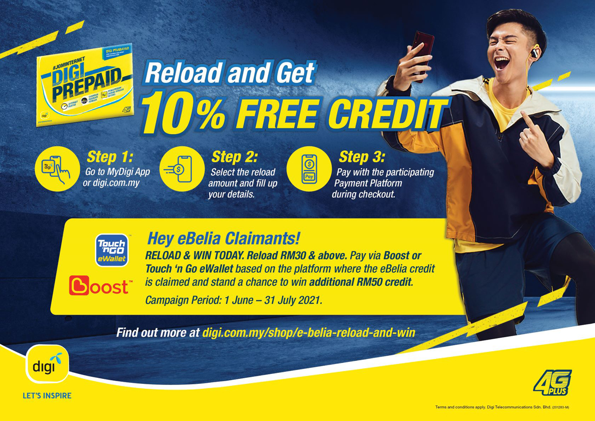 Digi eBelia prepaid credit reload Boost TnG