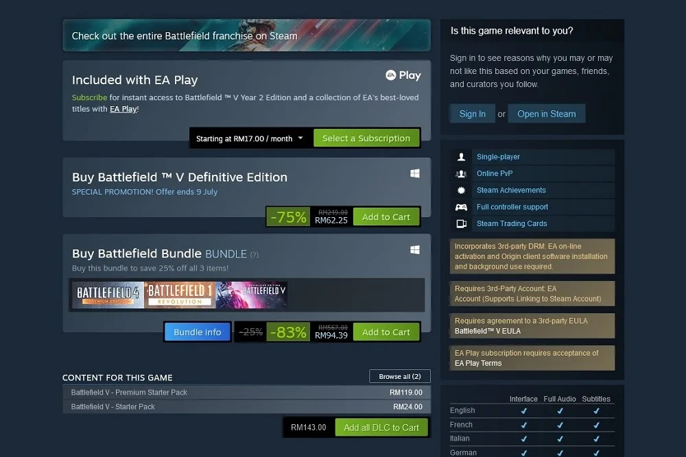 Steam Summer Sale Battlefield V