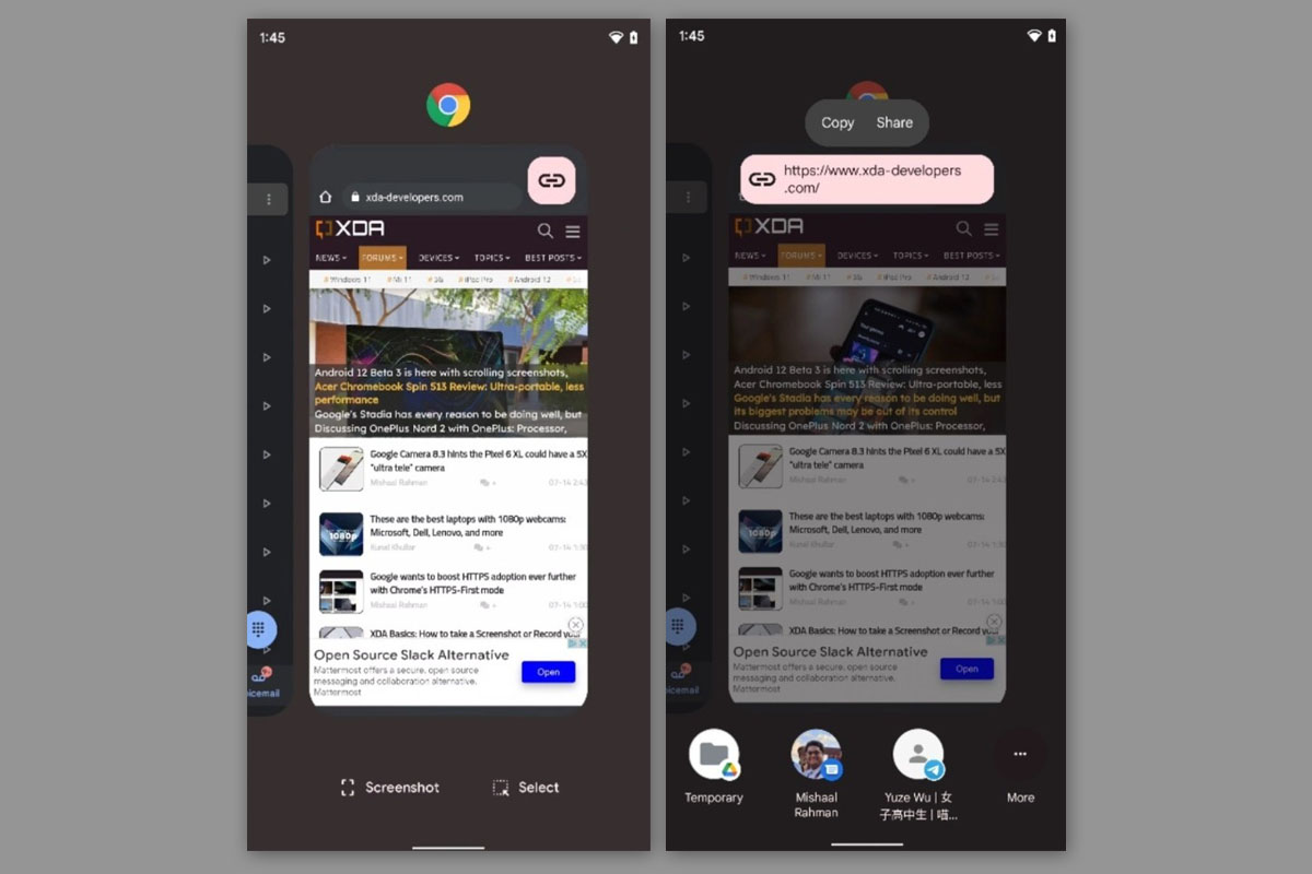 Android 12 URL sharing feature Recent Apps beta