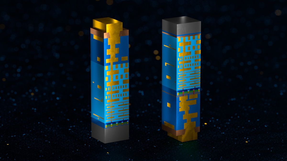 The image at left shows a design with power and signal wires intermingled on the top of the wafer. The image at right shows the new PowerVia technology.