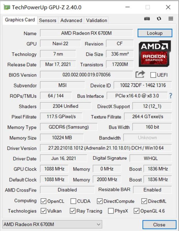 AMD Radeon RX 6700M GPU Z
