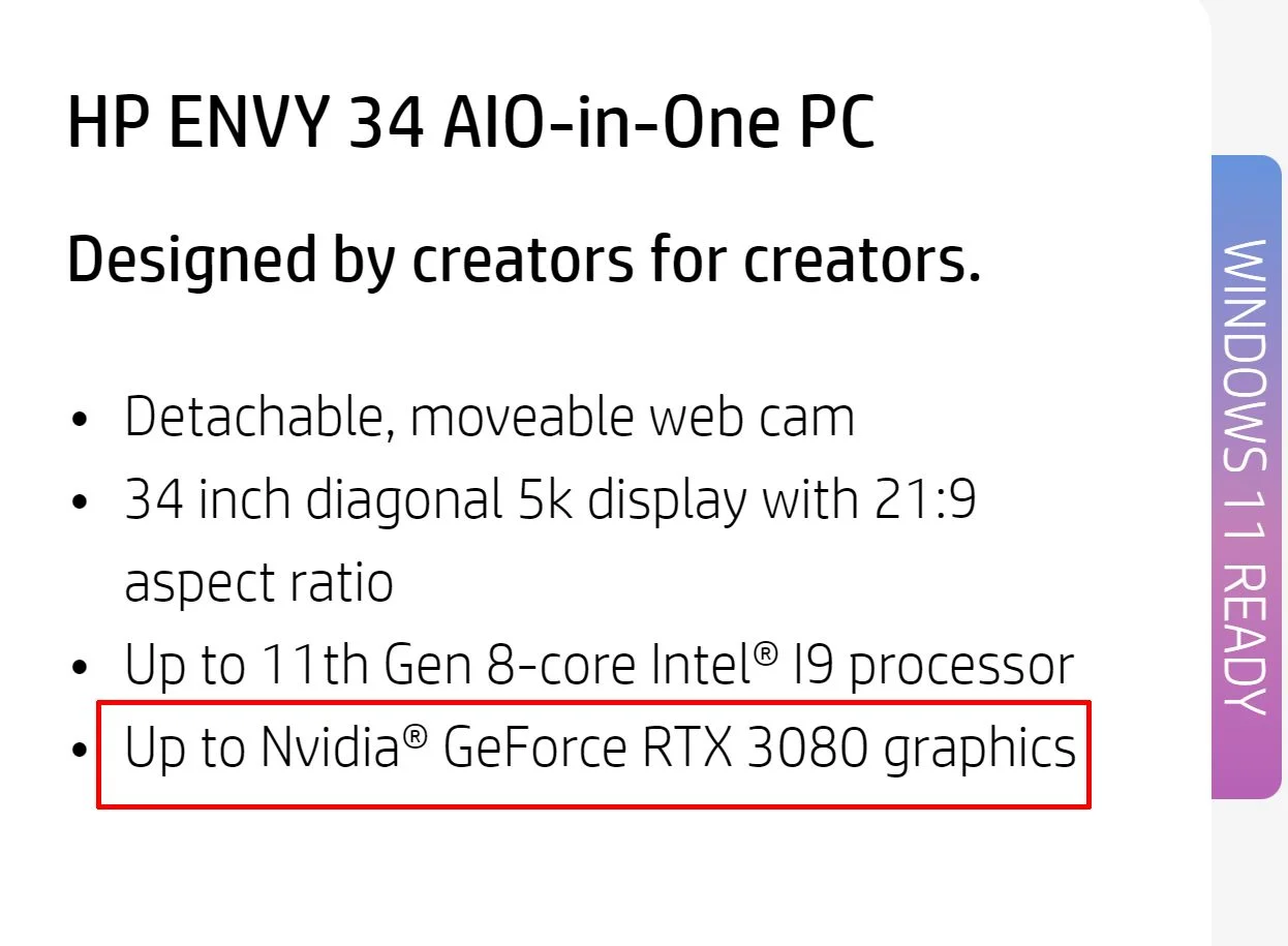 NVIDIA GeForce RTX 3080 Super HP Envy 34 AIO